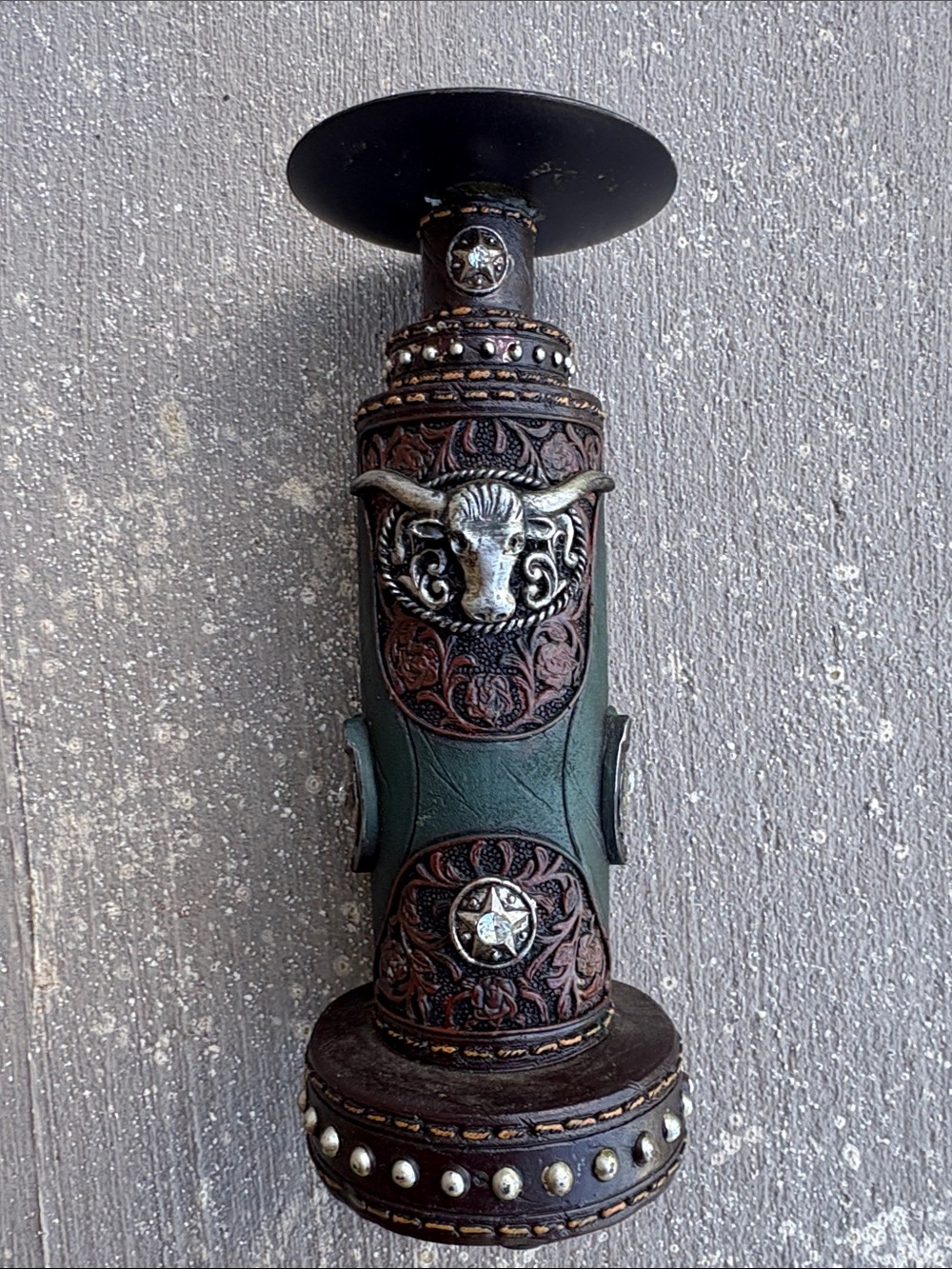 Vintage Rustic Western Tooled Faux Leather Longhorn Pillar Candle Holder
